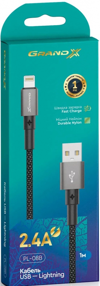 Кабель Grand-X USB — Lightning 1 м чорний (PL-08)