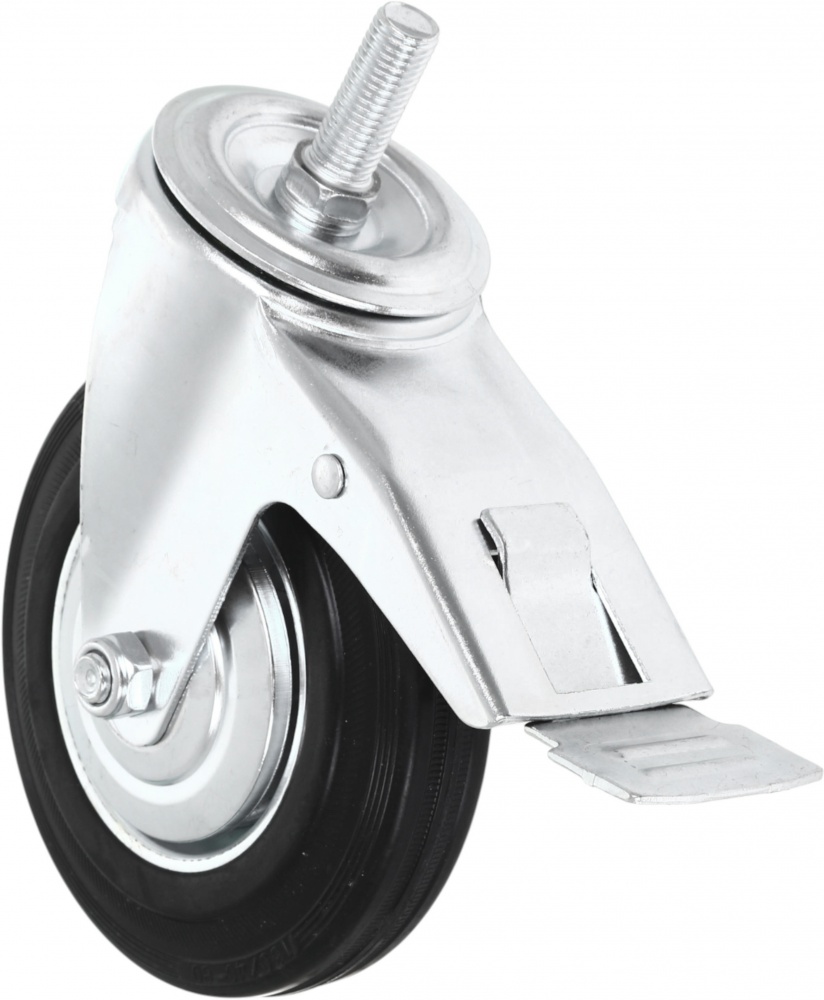 Колесо d160 мм резиновое поворотное с тормозом і резьбовым штырем M16