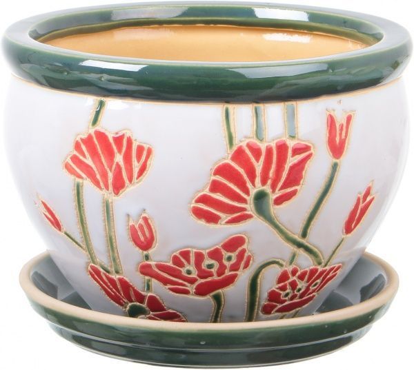 Горщик Viet Thanh Ceramic з блюдцем мак 23х16 см VT.11570-2 круглий білий із червоним 