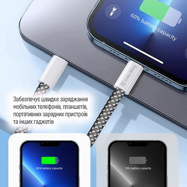 Кабель ColorWay Type-C - Apple Lightning (braided cotton) (PD Fast Charging 27W) 1 м чорний (CW-CBPDCL061-BK)