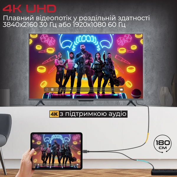 Кабель Promate MediaLink-LT Lightning to HDMI/USB-A 1.8 м 1,8 м чорний (medialink-lt.black) 