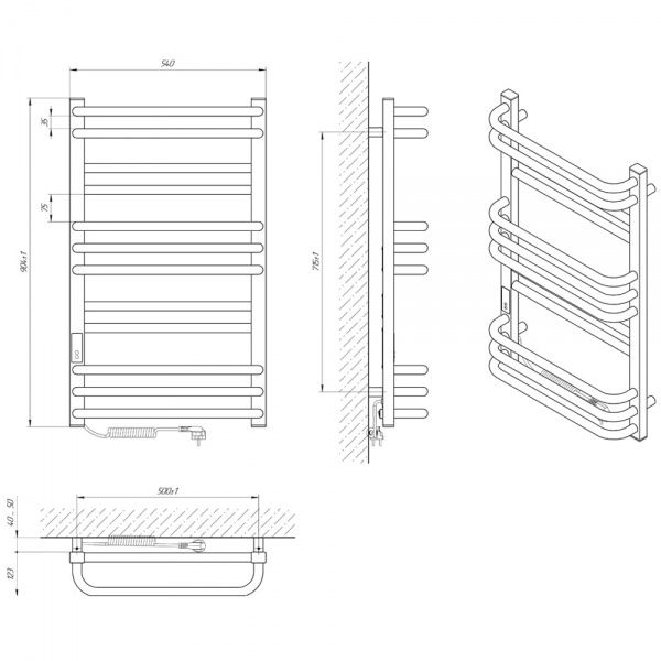 Полотенцесушитель электрический Rhein Orion S12 500х900 E L PE/MAT RAL9005 320W