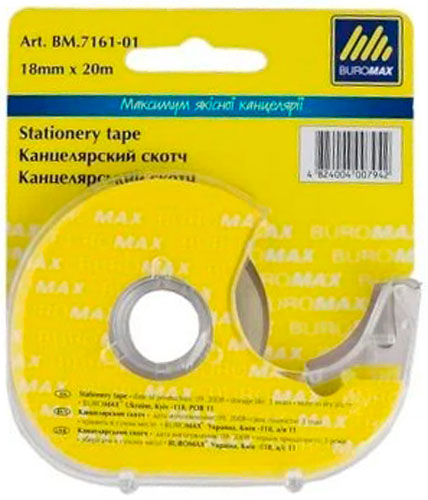 Клейка стрічка канцелярська 18 мм x 20 м прозора в диспенсері Buromax