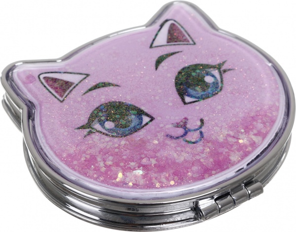 Зеркало карманное косметическое Лідер Канц Котик с сыпучими блестками фигурное 12 вариантов в ассортименте 