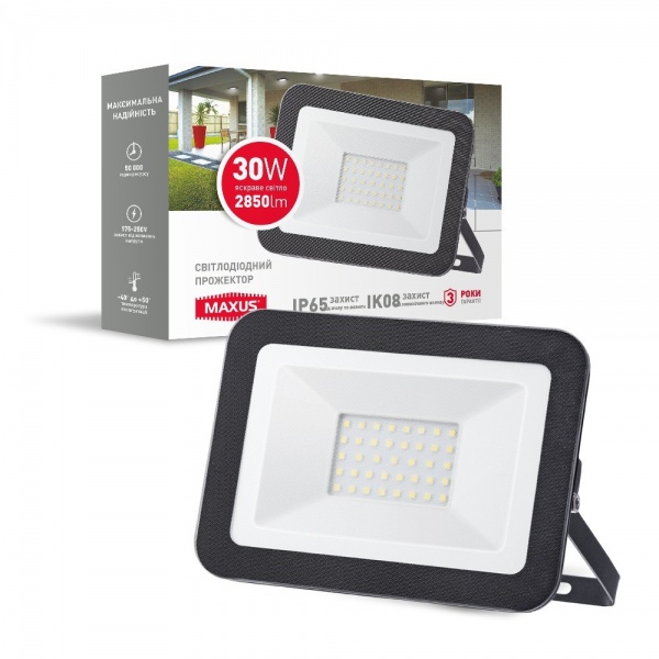 Прожектор светодиодный Maxus 30 Вт IP65 черный 1-MFL-01-3050 