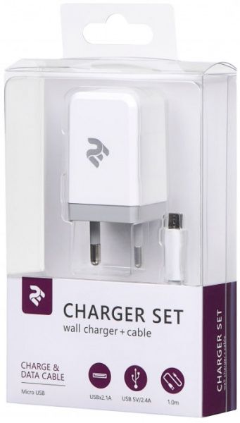 Сетевое зарядное устройство 2E USB:DC5V/2.1A +кабель MicroUSB 2.4A, white 