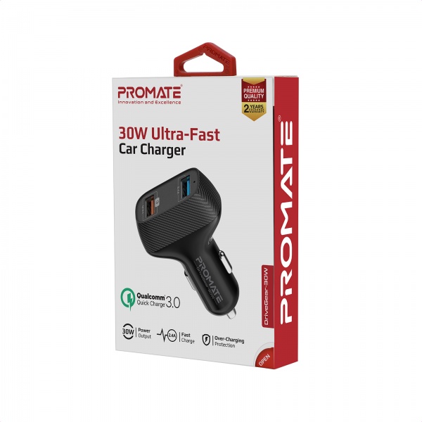 Зарядное устройство Promate DriveGear-30W USB QC 3.0 + USB 2.4A Black 