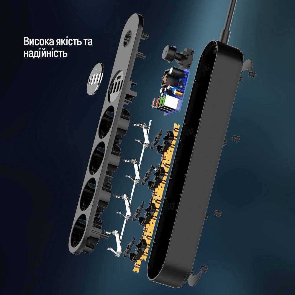 Сетевой фильтр ColorWay 4USB (Type-C PD20W + 3USB QC3.0) (45W) с заземлением 4 гн. черный 2 м CW-CHE44PDB