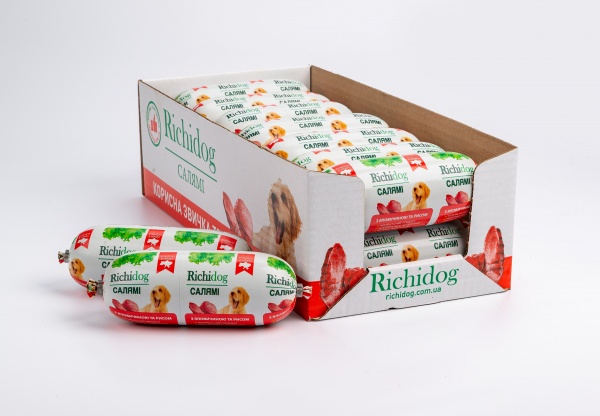 Корм вологий Для молодих та дорослих собак для усіх порід Richi Dog салямі з яловичиной та рисом