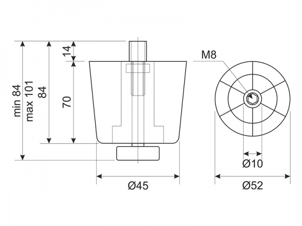 Ніжка DC регульована (чашка висока) д=50 L-70 
