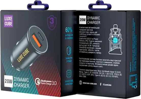 Автомобильное зарядное устройство Luxe Cube USB type-С / USB type-А QС3.0 Power Delivery (4446689880976)
