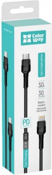 Кабель ColorWay Type-C - Apple Lightning (PD Fast Charging 20 Вт) 3.0 А 0,3 м чорний (CW-CBPDCL054-BK) 
