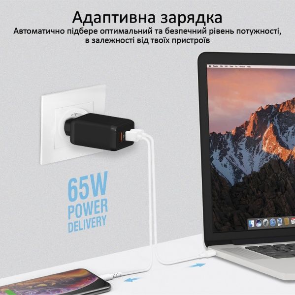 Зарядний пристрій Promate GaNPort3-65PD Black