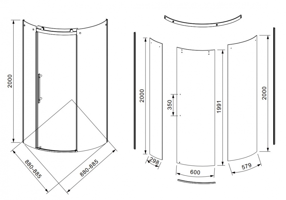 Душевое ограждение EGO полукруглое раздвижное LEX CHROME 90х90х200 см NKH4131