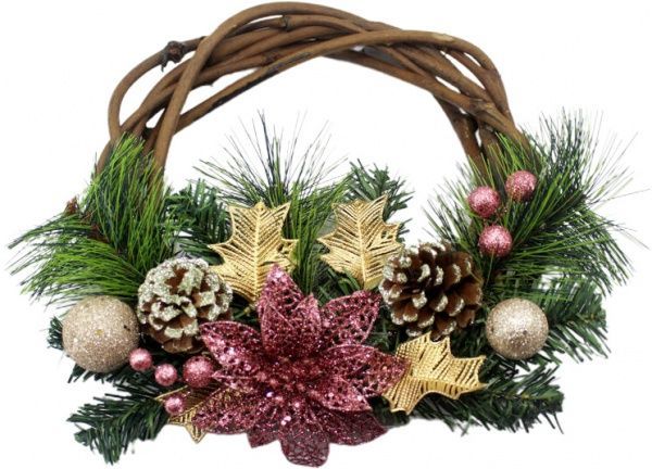 Венок новогодний с хвоей, розовыми пуансетиямы, шарами и шишками d250 мм EPI-W01-1305/22 