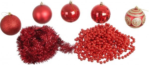 Набор елочных шаров и декораций бусы, мишура и шары красные d80 мм 25 шт./уп. 