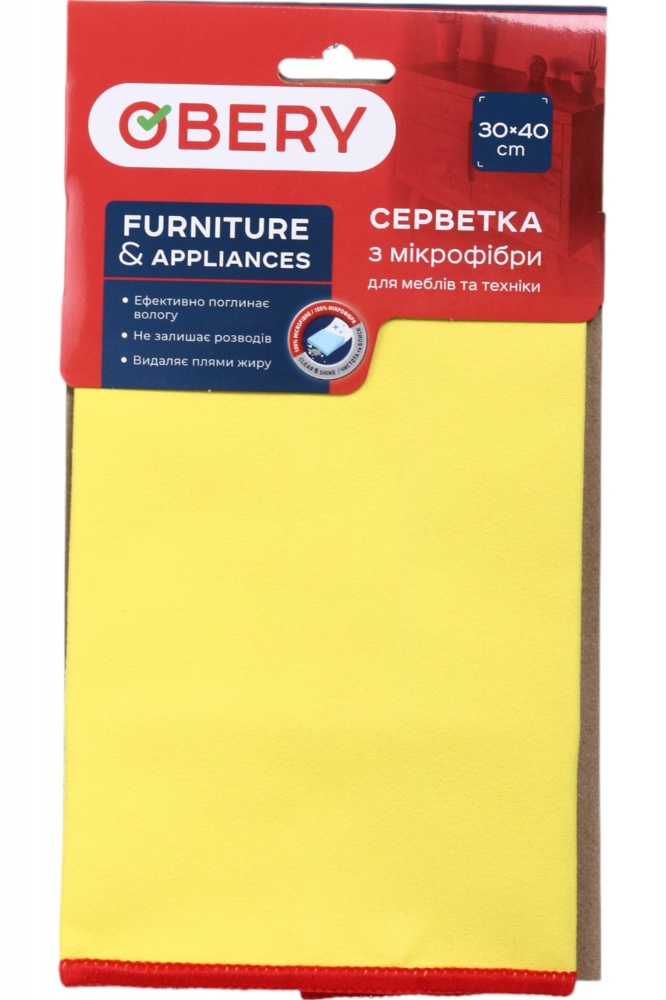 Салфетка OBERY для мебели и техники 30х40 см 1 шт./уп. желтая