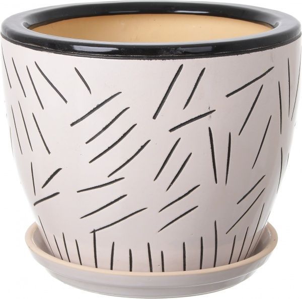 Горщик Viet Thanh Ceramic з блюдцем соломка 29х23 см VT.10310-1 круглий бежевий із чорним 