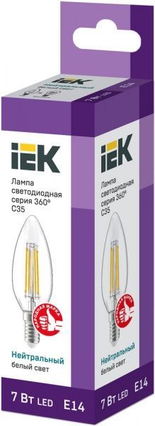 Лампа светодиодная IEK FIL C35 7 Вт E14 4000 К 220 В прозрачная 