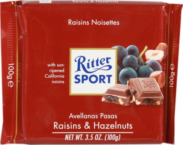 Шоколад Ritter Sport з родзинками та лісовими горіхами 100г х 12шт.