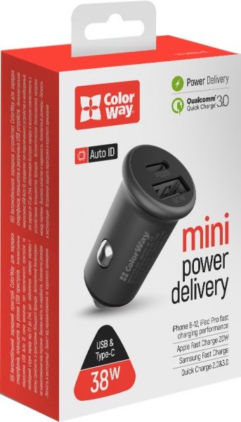 Автомобільний зарядний пристрій ColorWay 2USB Type-C PD20 W / USB QC3.0 (38 W) CW-CHA029PD-GR