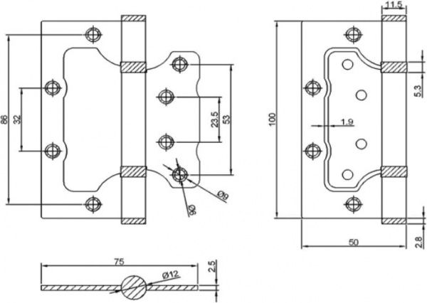 Петля Rodos PN 100*75 CP бабочка d12x100x75x2,5 мм хром универсальная 3 шт.