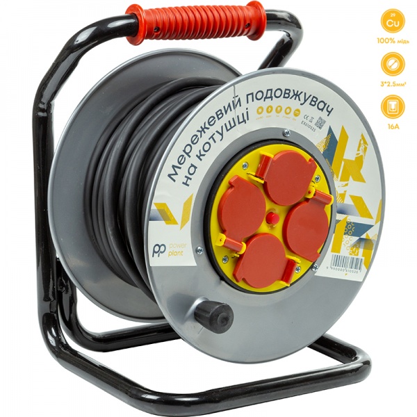 Удлинитель на катушке PowerPlant JY-20022/25 с заземлением 4 гн. 25 м EX610525 
