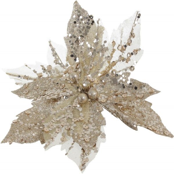 Декорація новорічна Пуансетія з паєтками 20 см