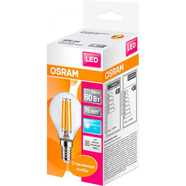Лампа светодиодная Osram FIL G45 5 Вт E14 4000 К 220 В прозрачная 4058075212480 