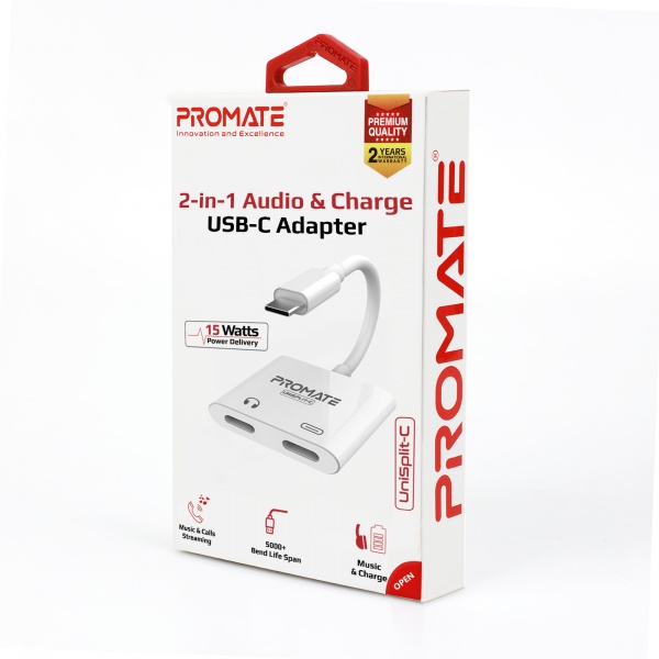 Адаптер Promate UniSplit-C USB-C / USB-C Audio Jack + 15Вт PD USB-C 0,07 м білий (unisplit-c.white) 