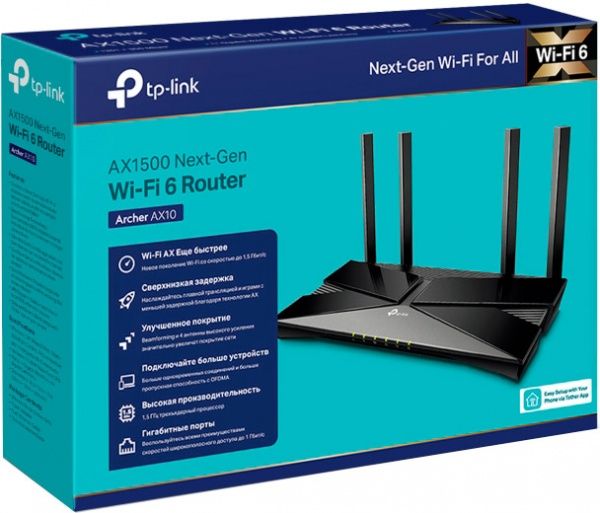 Wi-Fi-роутер TP-Link AX1500 WI-FI 6/5XLAN GIGABIT PORTS Archer AX10