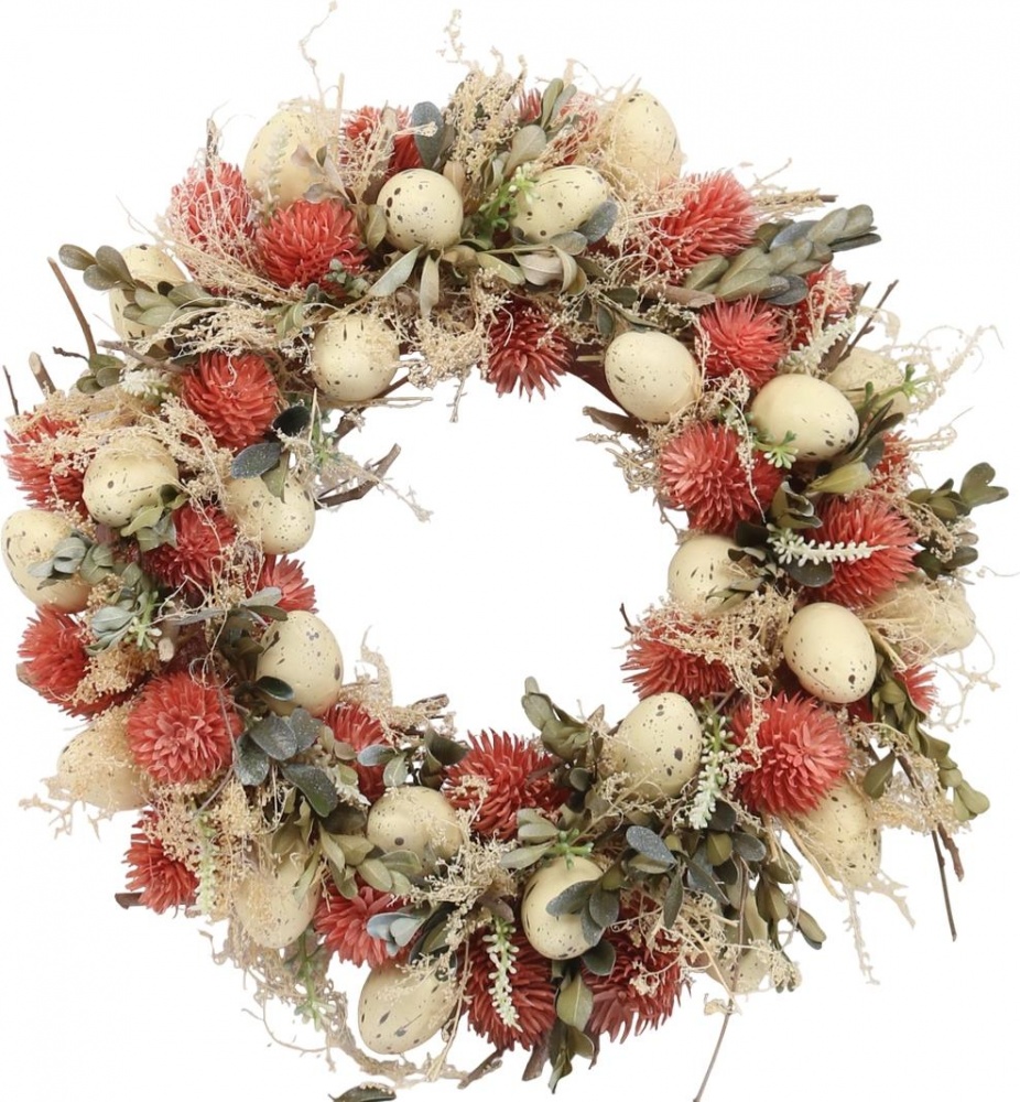 Венок декоративный пасхальный с яйцами и ежами пенопл./сухоцветы роз.-беж. д.34 см