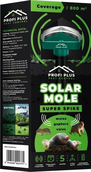 Відлякувач кротів та підземних гризунів Profi Plus Super Spike Pest Control на сонячній батареї