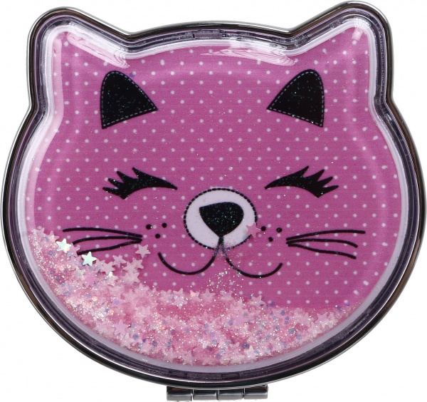 Зеркало карманное косметическое Лідер Канц Котик с сыпучими блестками фигурное 12 вариантов в ассортименте 