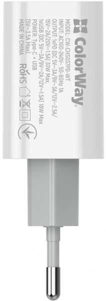 Зарядное устройство ColorWay Power Delivery Port PPS USB (Type-C PD + USB QC3.0) (30W) white (CW-CHS037PD-WT) 