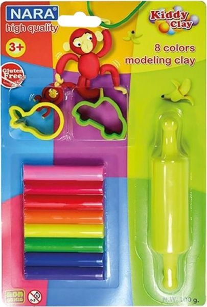 Пластилін 8 кольорів 2 формочки + скалка NARA