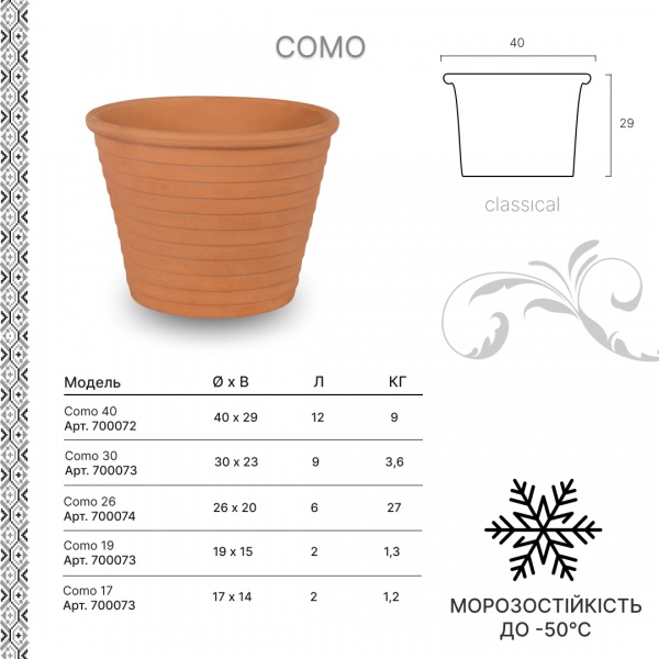Вазон керамический Terraneo Como 700072 круглый 14,5 л терракотовый 