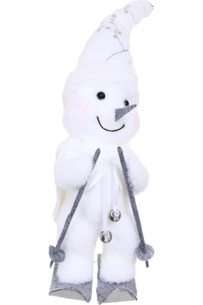 Декорация новогодняя снеговичок на лыжах флок белый 17х30 см