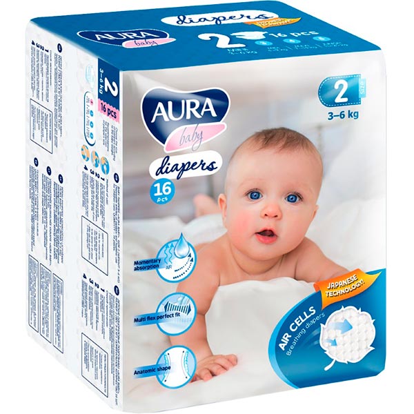 Підгузки Aura 2 3-6 кг 16 шт.