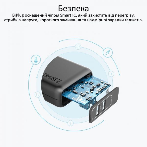 Зарядное устройство Promate BiPlug 12Вт 2 USB Black 