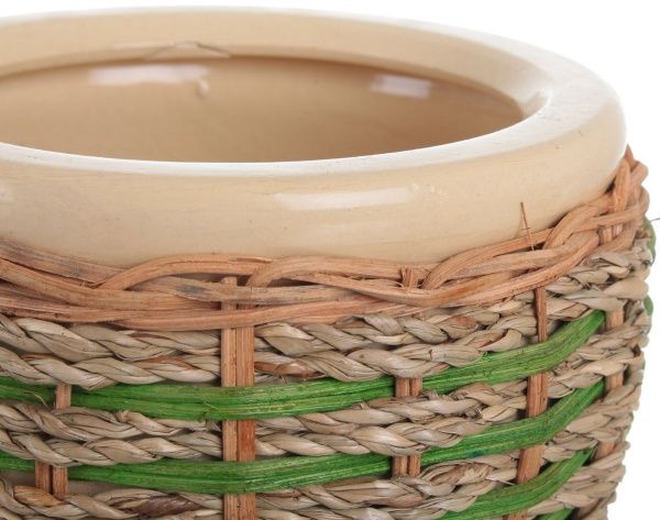 Горщик Viet Thanh Ceramic з блюдцем плетений 16х13 см VT.11342-3 круглий бежевий із зеленим 