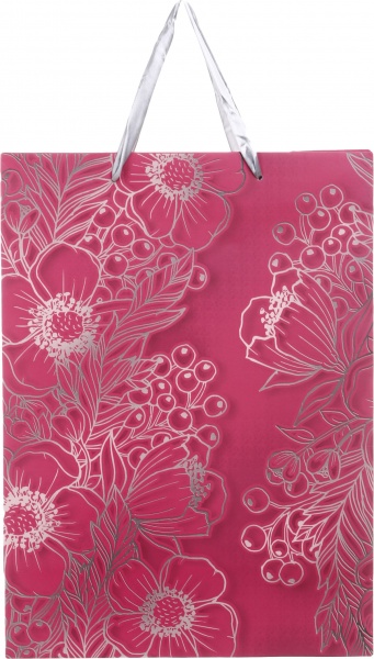 Пакет подарочный XLL-1 D-1143 розовый серебряные цветы с лаком глитер.