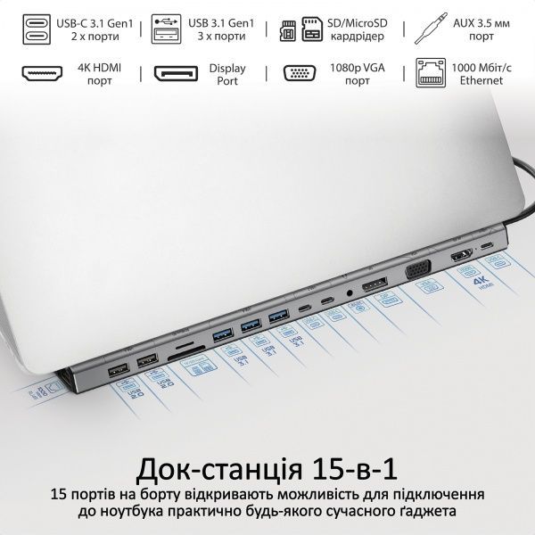 USB-хаб Promate BaseLink-Pro USB-C PD/HDMI/VGA/DisplayPort/3xUSB 3.1/2xUSB-C 3.1/2xUSB 2.0/RJ45/SD/MicroSD/AUX 3.5мм Grey