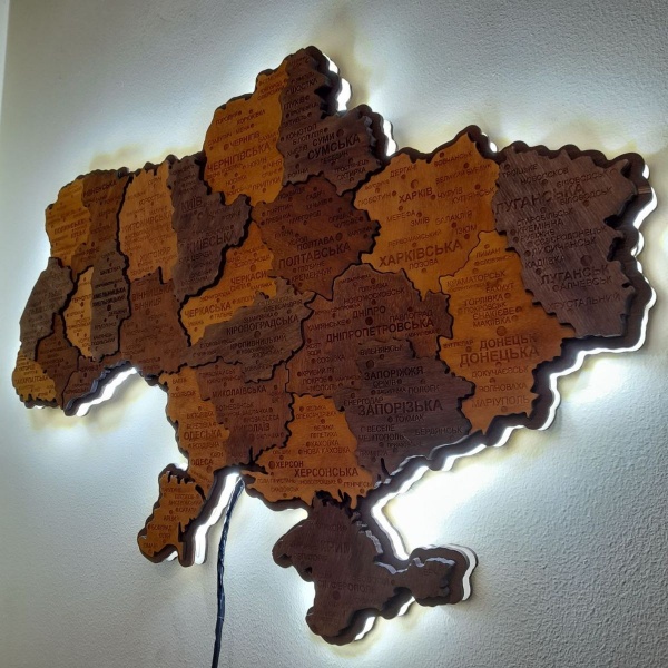 Панно декоративное Карта Украины 3D с подсветкой (220В) 38,5x55 см коричневый 