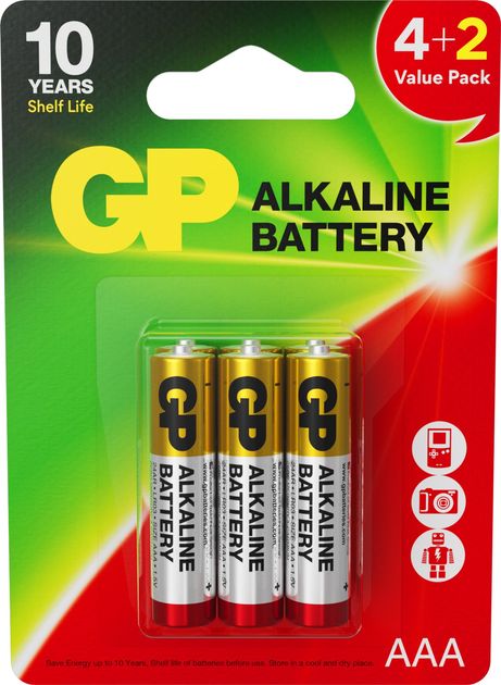 Батарейки щелочные GP Alkaline (LR03) 24AR4/2-2UA6 1.5 V AAA (мизинчиковые) 6 шт. — фото 1