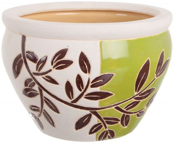 Горшок Viet Thanh Ceramic с блюдцем веточка 30х21 см VT.11004-1 круглый белый с салатовым 