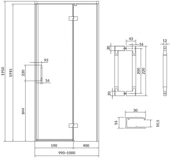 Душевые двери Cersanit распашные Larga 100x195 правосторонние профиль черный 