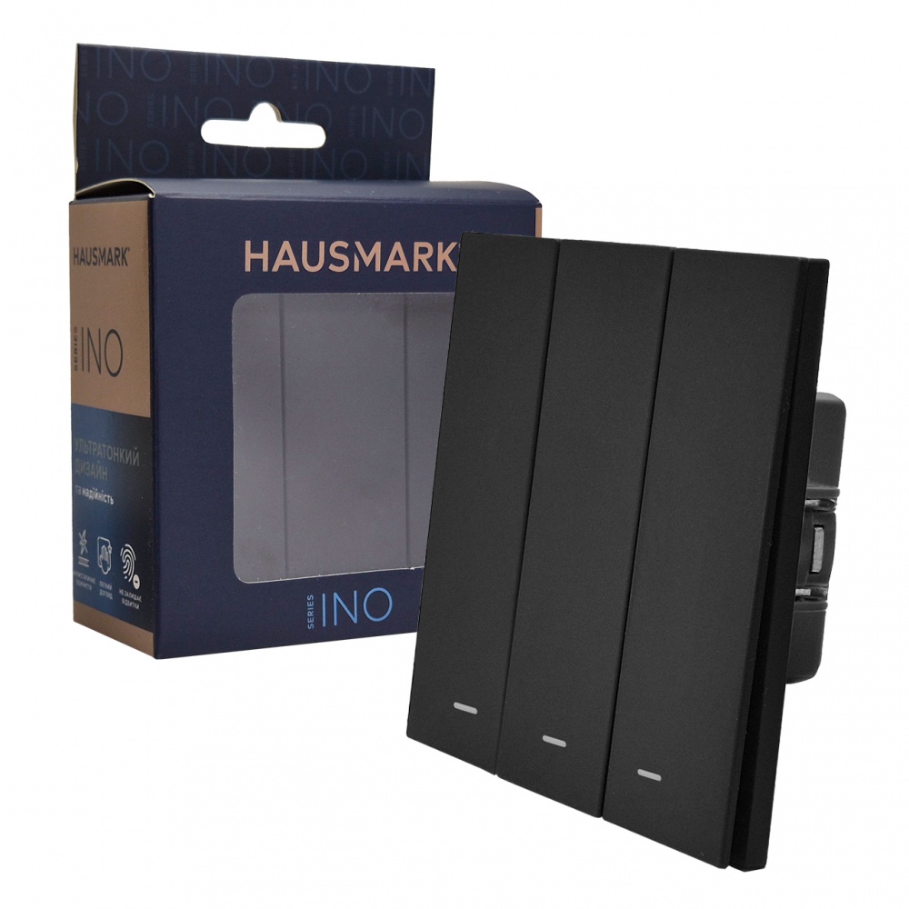 Выключатель трехклавишный HausMark INO с подсветкой черный LS-3G LED-GP-Black