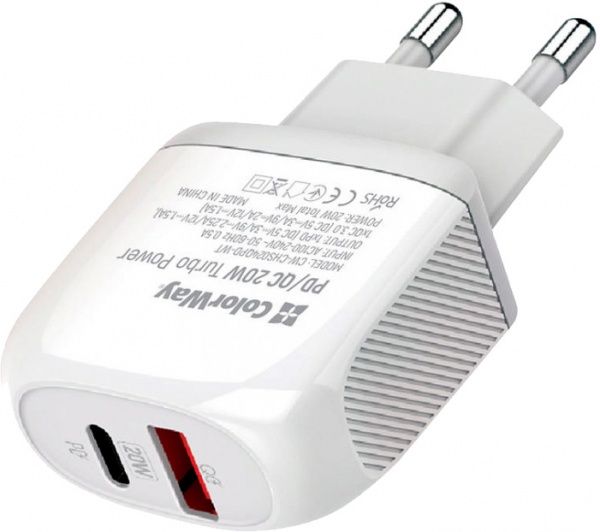 Сетевое зарядное устройство ColorWay (Type-C PD + USB QC3.0) 3.0А 20W