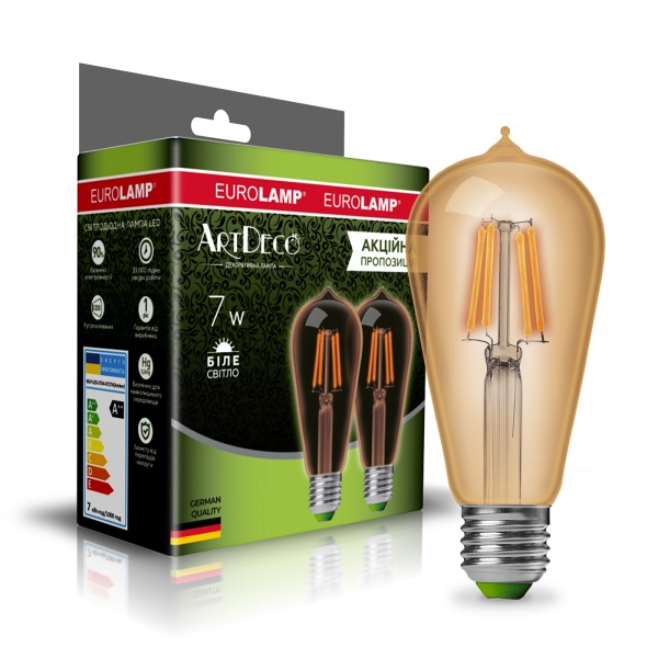 Лампа светодиодная Eurolamp 7 Вт ST64 желтая E27 4000 К MLP-LED-ST64-07274(Amber) 